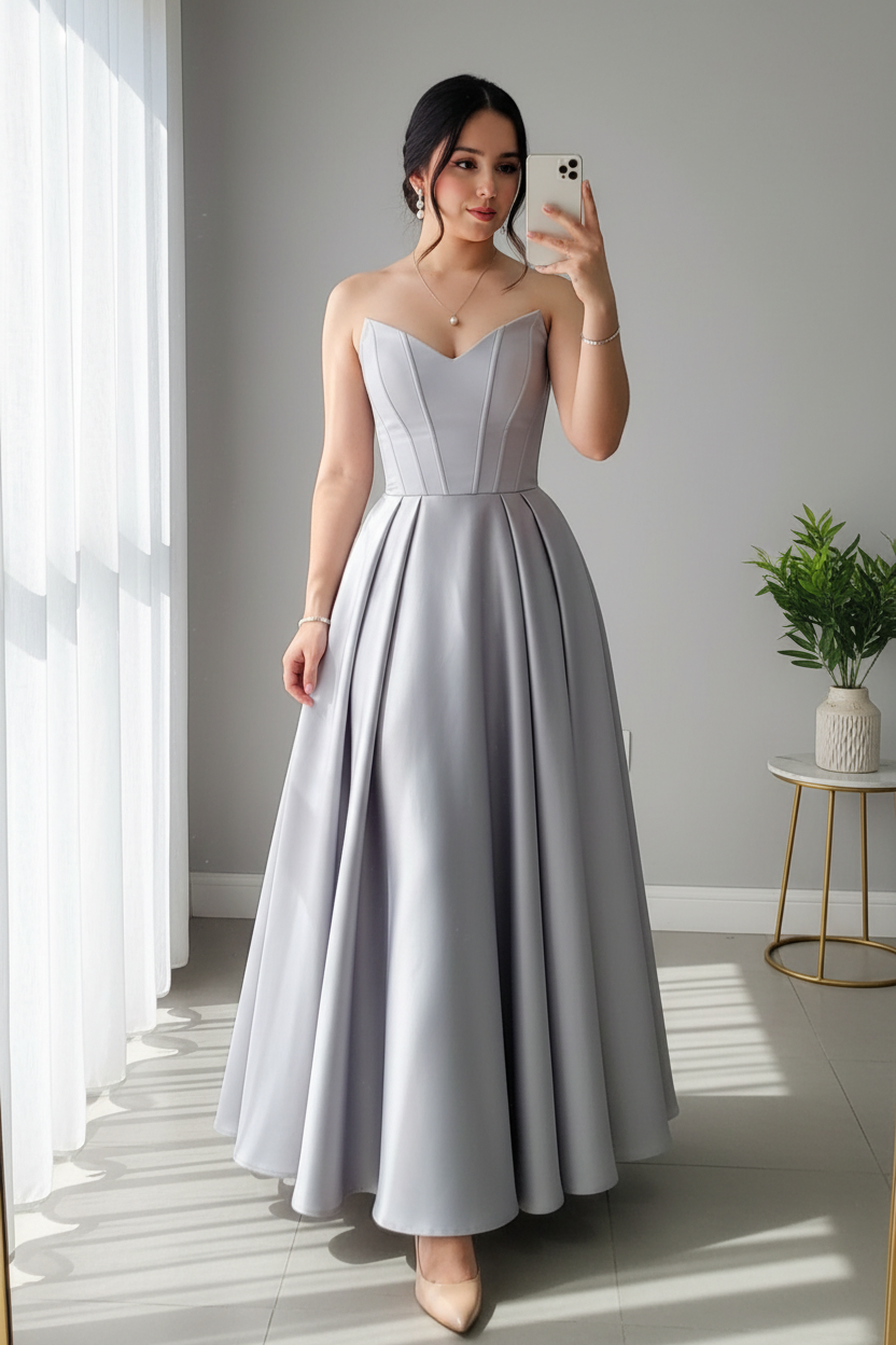 Vestido gris plateado strapless escote corazón falda maxi plisada