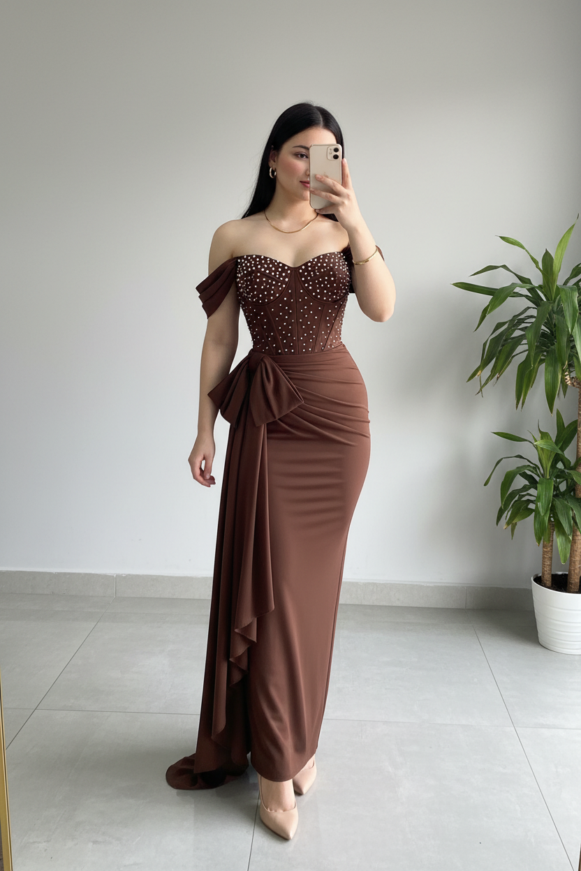 Vestido Formal Café Chocolate Off-Shoulder Corset con Perlas y Lazo