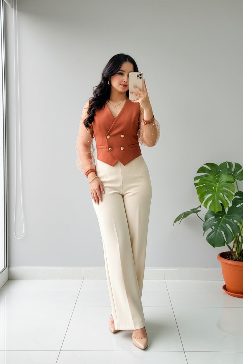 Conjunto Terracota Chaleco Doble Botonadura con Mangas Tul de Perlas y Pantalón Crema cod.661