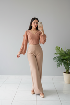 Pantalón Palazzo Beige de Tiro Alto con Pierna Ancha Recta cod.384