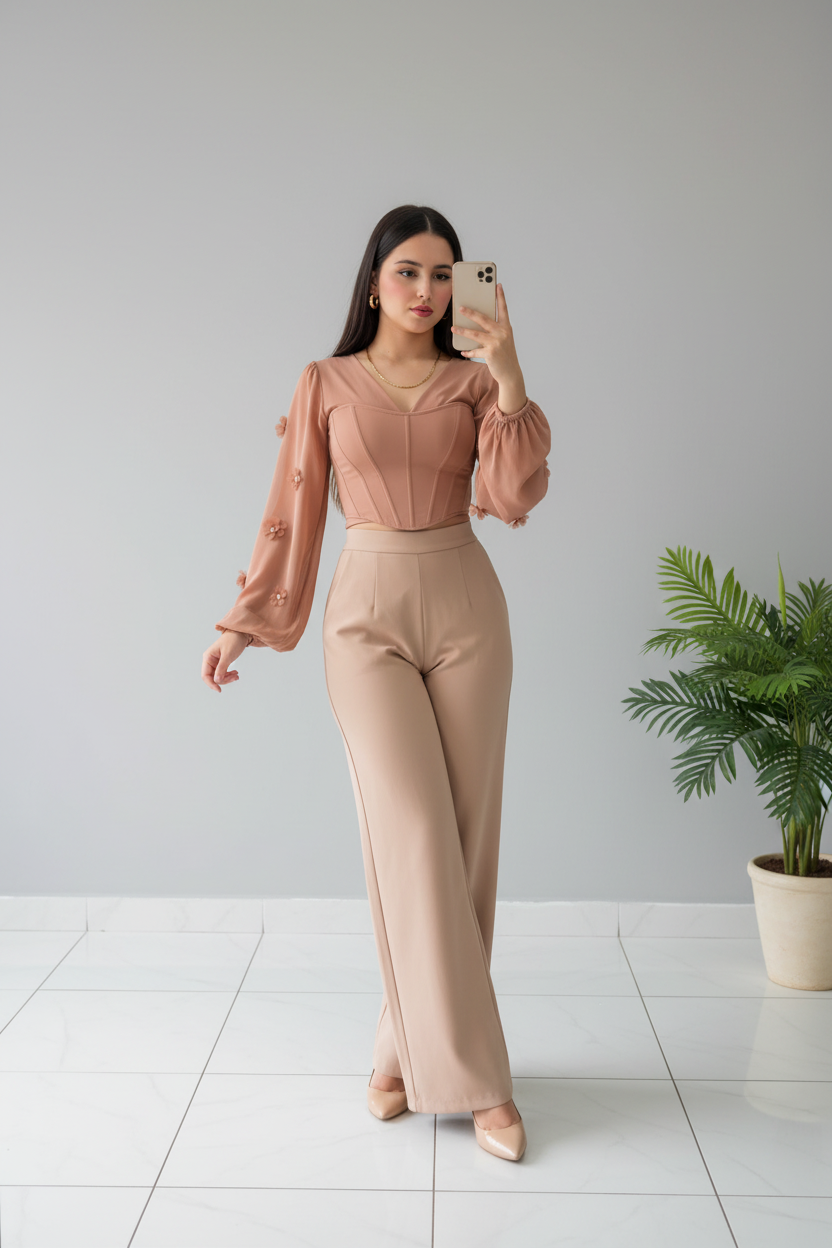 Pantalón Palazzo Beige de Tiro Alto con Pierna Ancha Recta cod.384