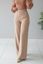 Pantalón Palazzo Beige de Tiro Alto con Pierna Ancha Recta cod.384