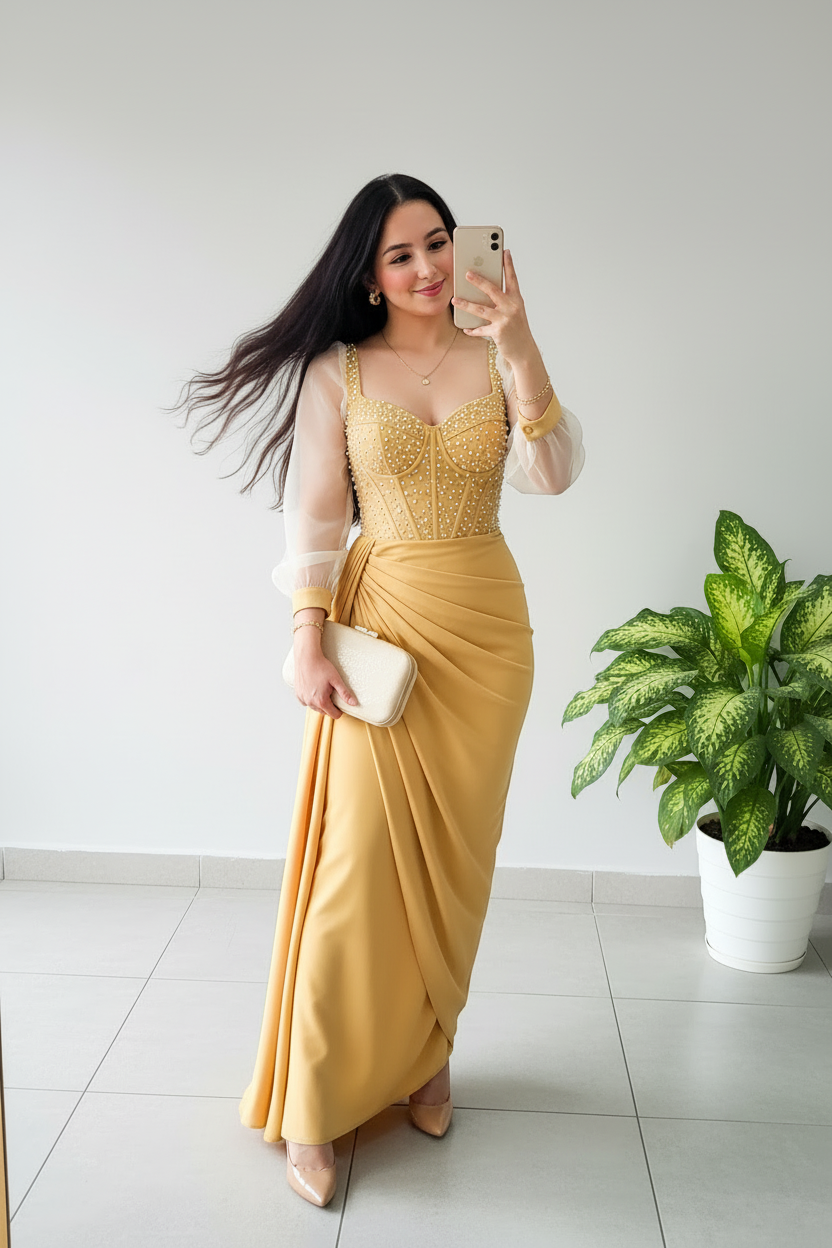 Vestido Formal Dorado Corset con Perlas Mangas de Tul y Falda Drapeada cod.513
