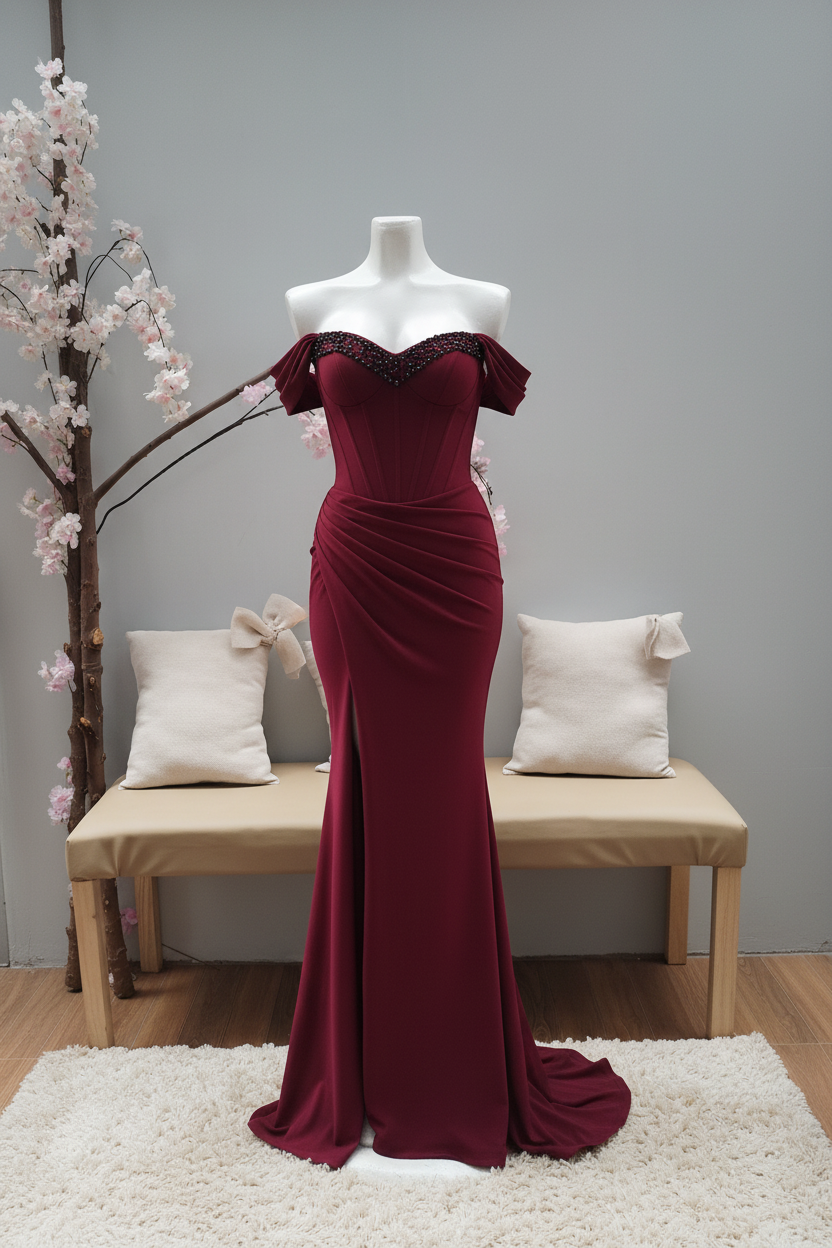 Vestido Borgoña Hombros Caídos Cristales cod.V312