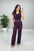 Conjunto Morado Ciruela Top Brillos Rosa 3D y Pantalón Palazzo cod.547