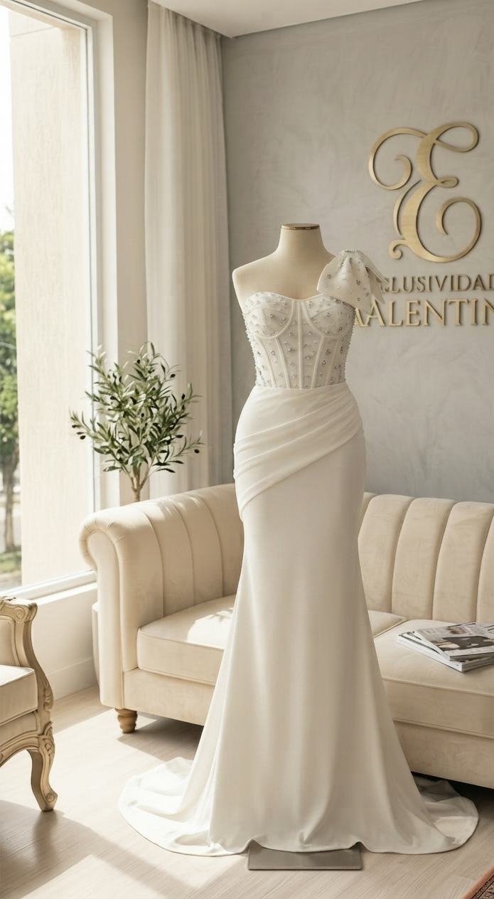 Vestido Novia Blanco Sirena con Corset de Perlas y Lazo