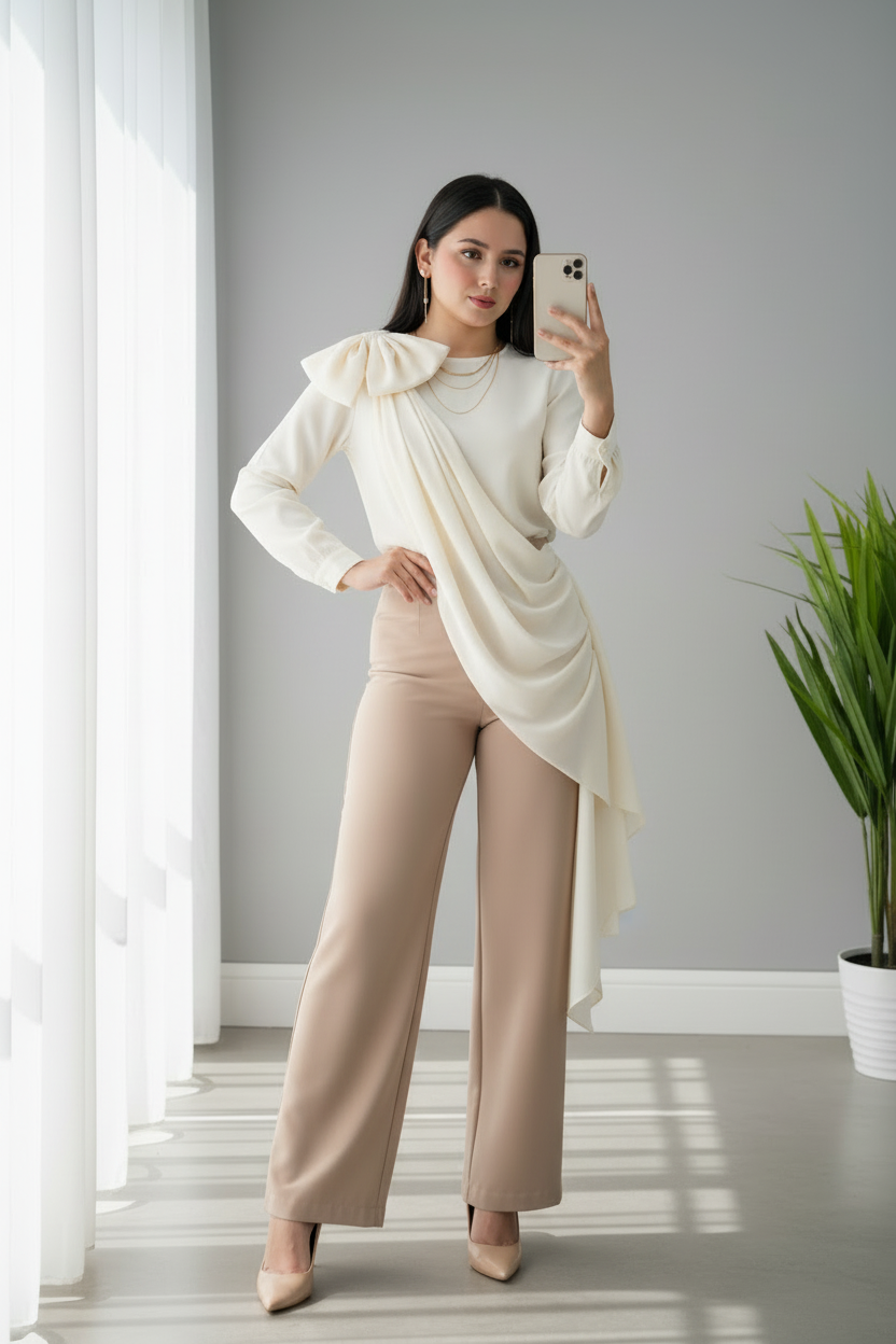 Conjunto Ivory Drape & Beige Palazzo – Top Crema Drapeado Asimétrico con Lazo + Pantalón Palazzo Beige cod.698