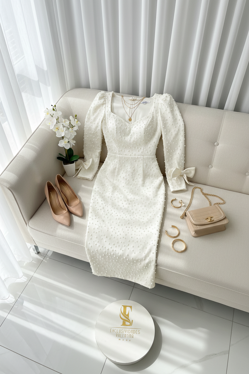 Vestido Elegante Blanco Marfil con Perlas y Lazos - Mangas Largas Midi cod.353