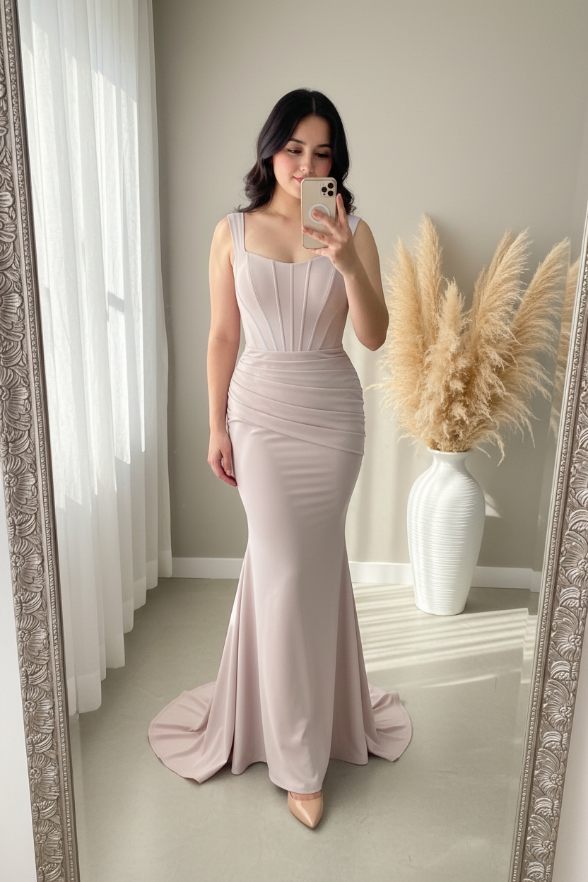Vestido Nude Rosado Tirantes Anchos Corsé Sirena Cola cod.00109