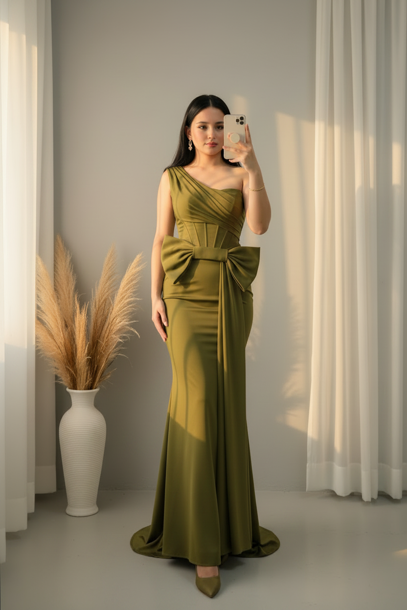 Vestido Verde Oliva Satinado Un Hombro Lazo Sirena cod.00181