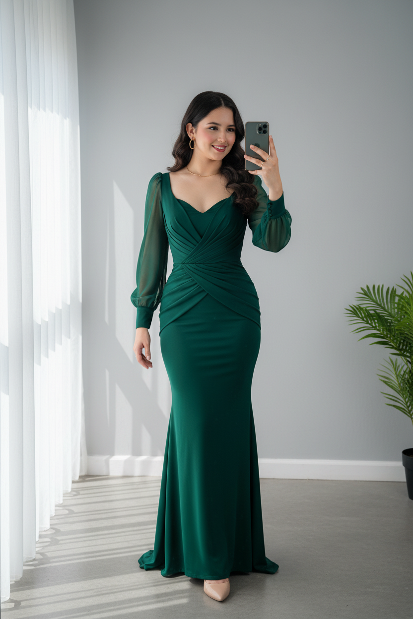 Vestido Verde Esmeralda Mangas Chifón Sirena con Drapeado cod.727