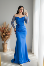 Vestido Azul Rey Off-Shoulder Manga Tul Rosa D cod.427