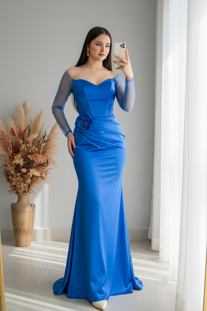 Vestido Azul Rey Off-Shoulder Manga Tul Rosa D cod.427