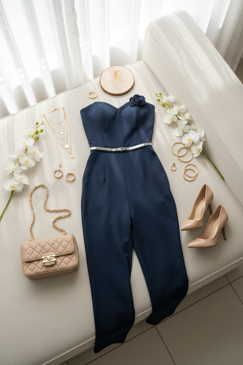 Enterizo Elegante Azul Marino Strapless con Flor. cod.300