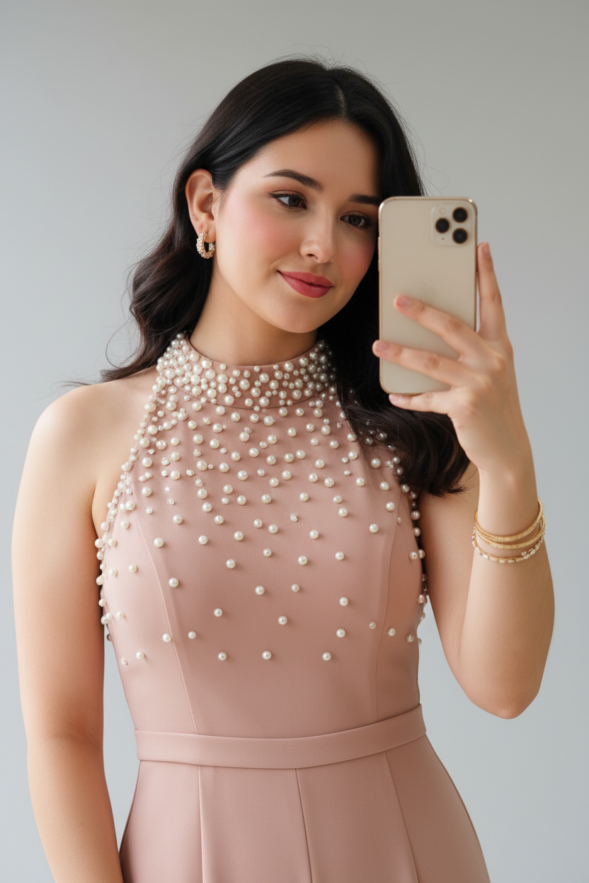 Enterizo Elegante Rosa Palo con Perlas - Cuello Halter y Pantalón Pierna Ancha cod.357