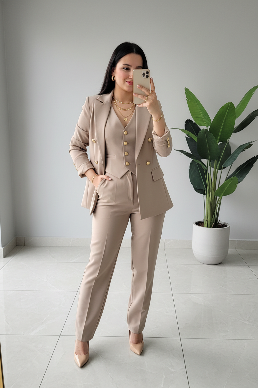 Conjunto Set Premium 3 Piezas Beige: Blazer + Chaleco + Pantalón - Ejecutivo Elegante cod.321