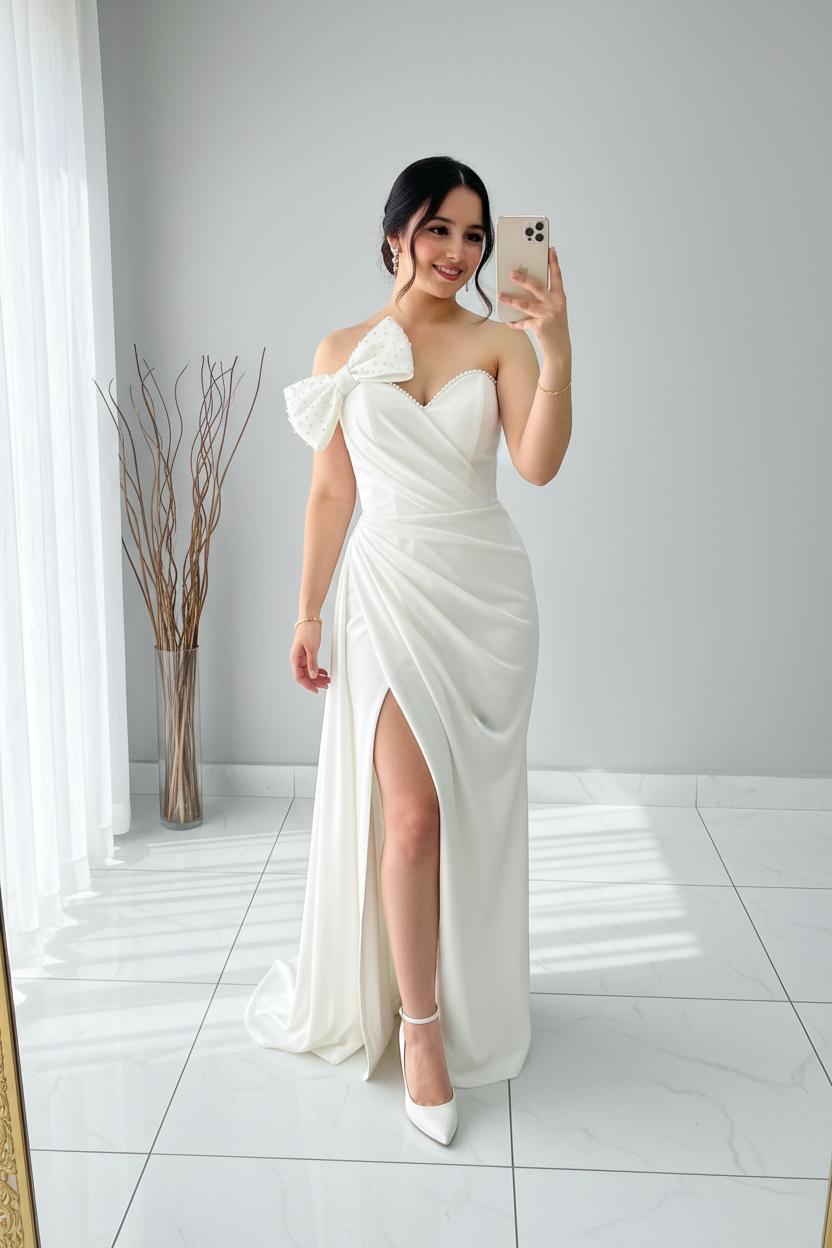 Vestido Blanco Off-Shoulder con Moño y Perlas cod.V274