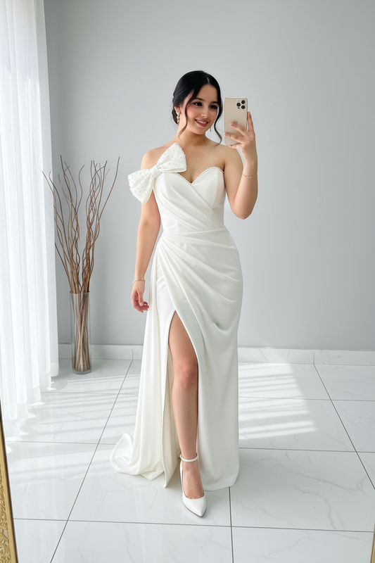 Vestido Blanco Off-Shoulder con Moño y Perlas cod.V274