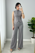 Conjunto Dos Piezas Gris Perla — Chaleco Sastre & Pantalón Palazzo cod.893