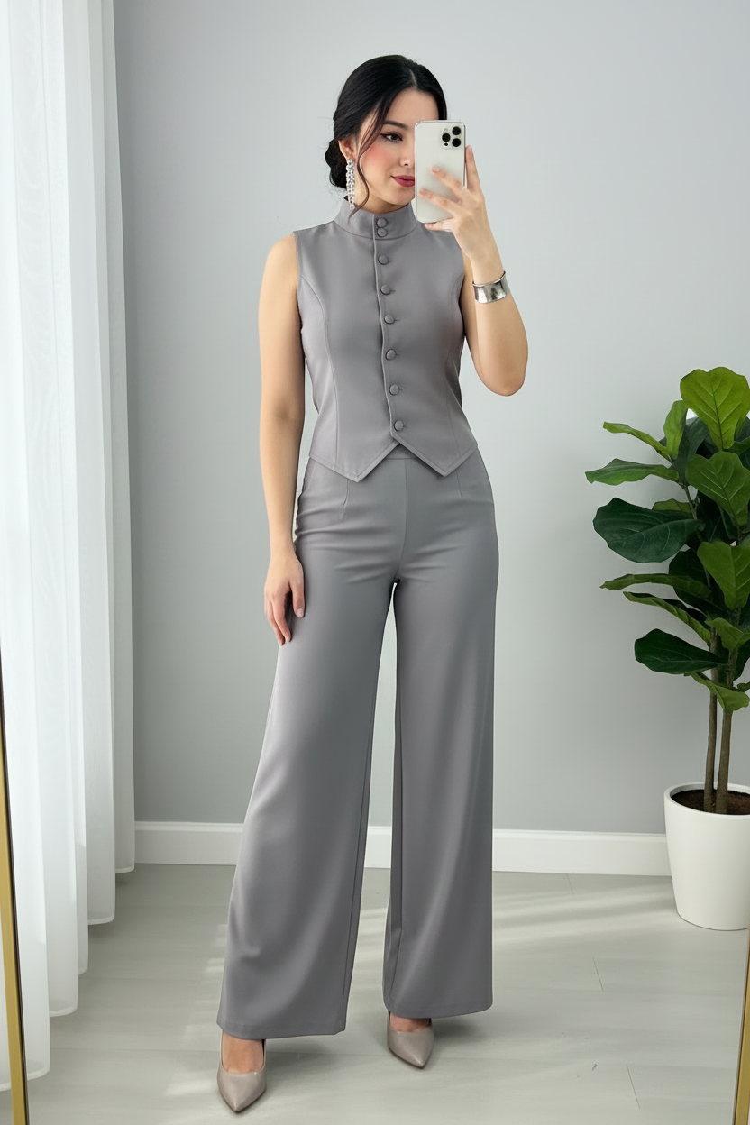 Conjunto Dos Piezas Gris Perla — Chaleco Sastre & Pantalón Palazzo cod.893