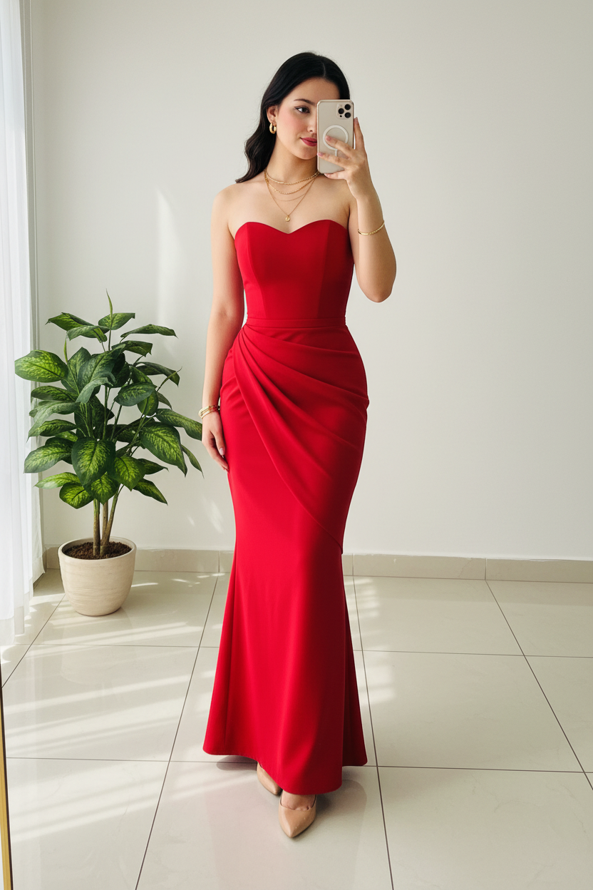 Vestido Sirena Rojo Strapless Sweetheart con Drapeado Diagonal y Cola cod.433