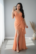 Vestido Salmón Sin Mangas Sirena con Rosa 3D y Volantes cod.966