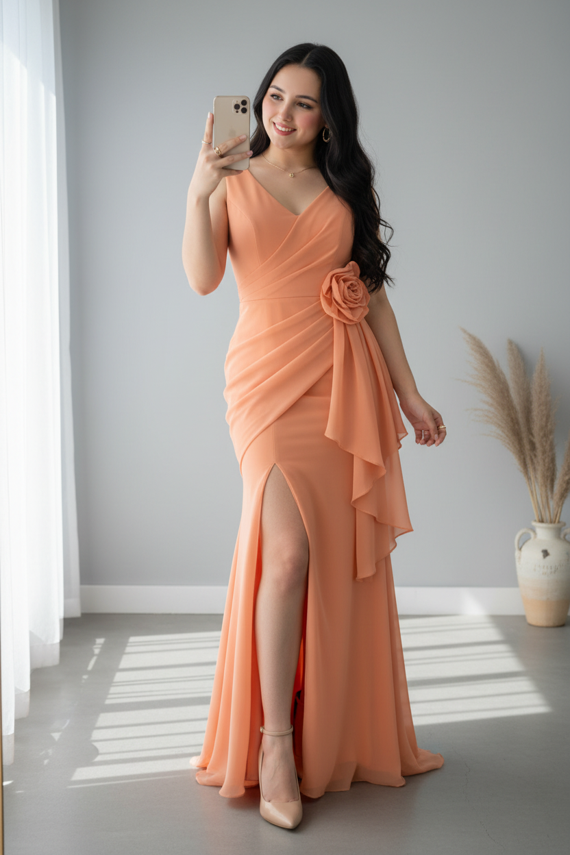 Vestido Salmón Sin Mangas Sirena con Rosa 3D y Volantes cod.966