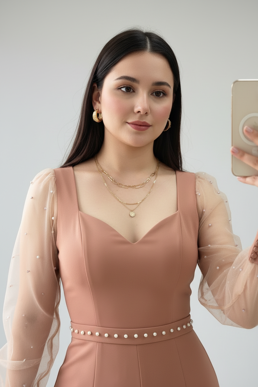 Enterizo Elegante Rosa Salmón con Mangas de Tul y Perlas - Escote Corazón Pierna Ancha cod.358