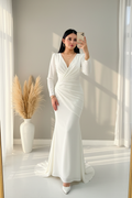 Vestido Blanco Satinado Sirena Escote V Cruzado cod.00174
