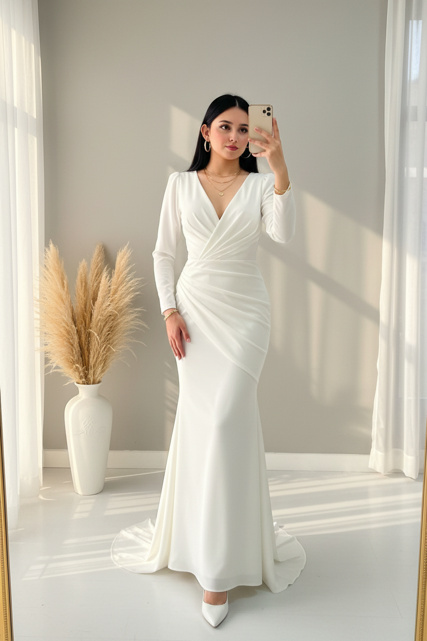 Vestido Blanco Satinado Sirena Escote V Cruzado cod.00174