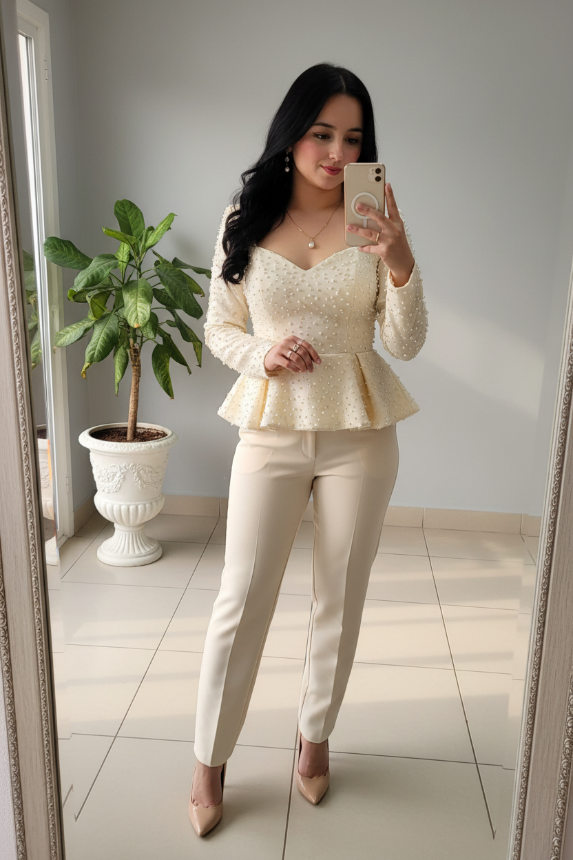 Blusa Peplum Crema Off-Shoulder con Perlas y Mangas Largas cod.529