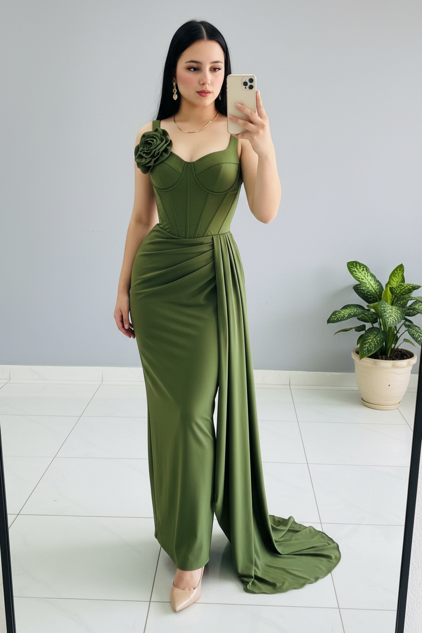 Vestido Sirena Verde Oliva Rosa 3D y Cola cod.635