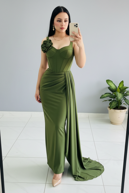 Vestido Sirena Verde Oliva Rosa 3D y Cola cod.635