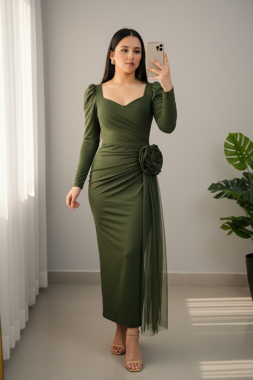 Vestido Verde Olivo Rosa D3 cod.V724