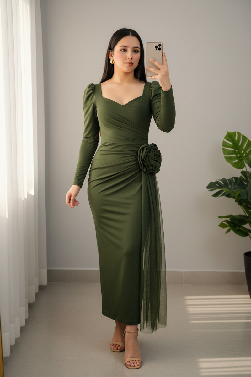 Vestido Verde Olivo Rosa D3 cod.V724