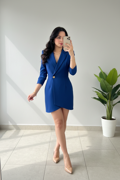 Vestido Blazer Azul Rey con Botón Dorado - Elegante y Sofisticado cod.298