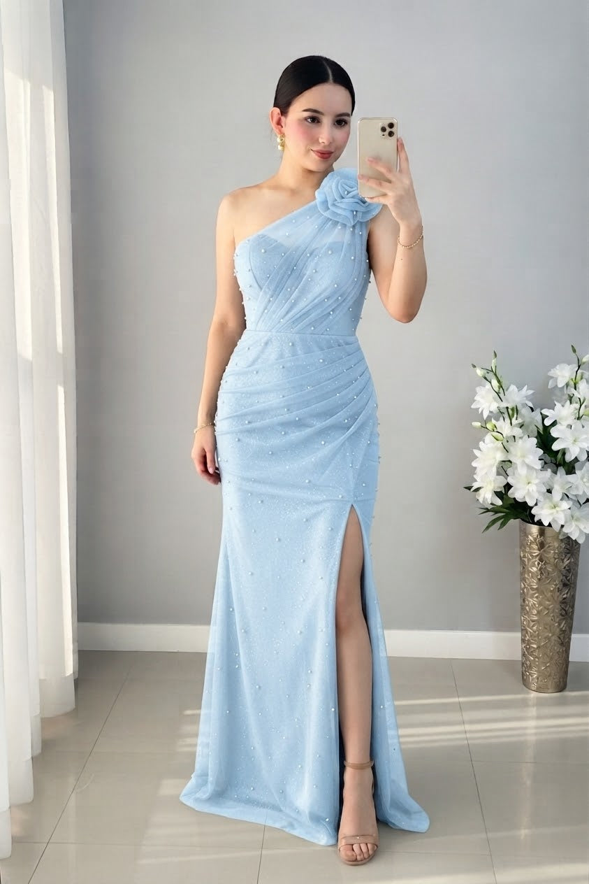 Vestido Azul Cielo Perlas Rosa | VC-006