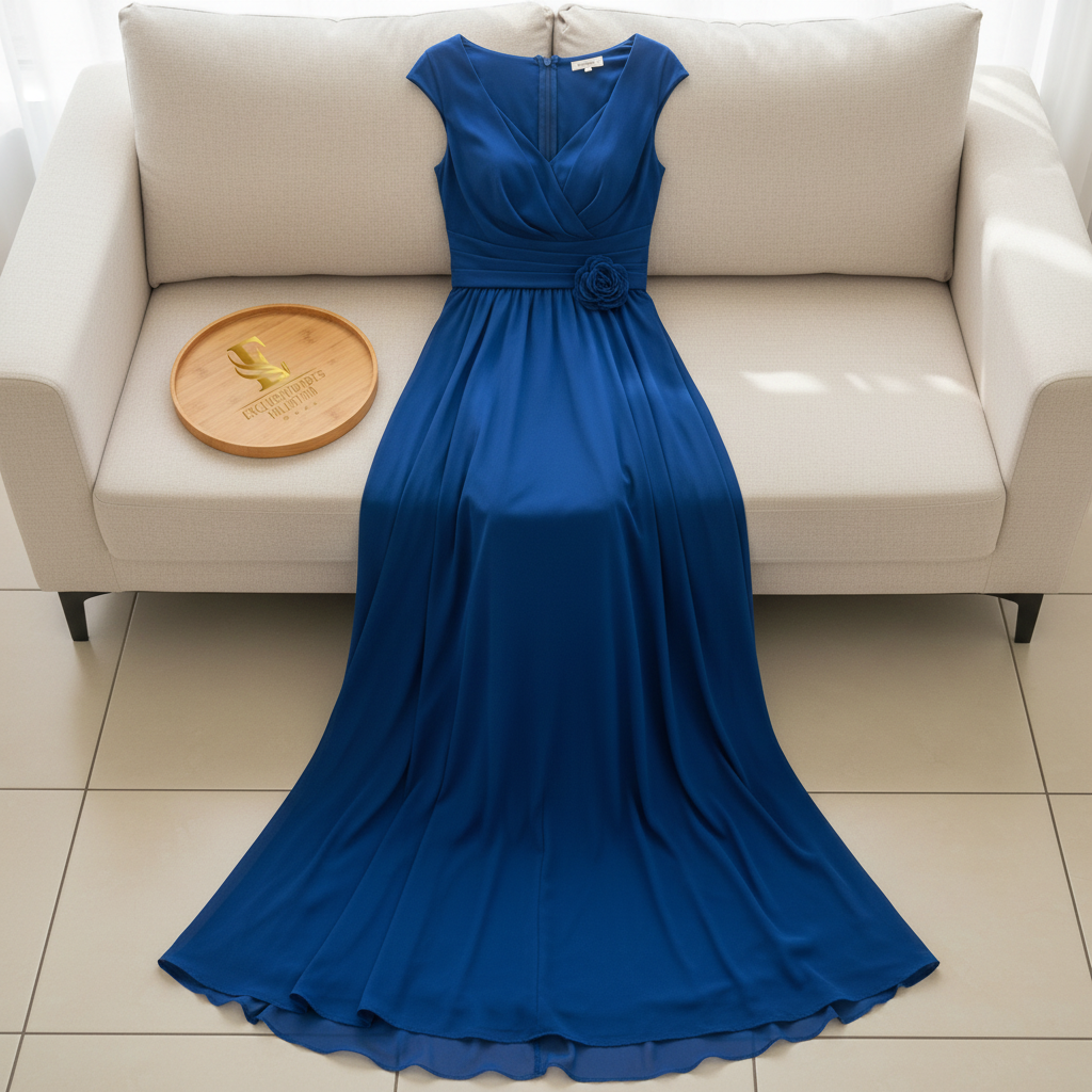Vestido Azul Royal con Escote V Cruzado, Rosa 3D y Abertura Lateral cod.375