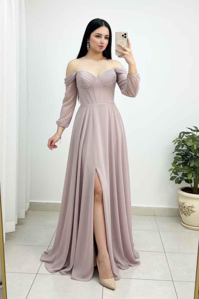Vestido Malva Off-Shoulder Manga Puff con Córset cod.V275