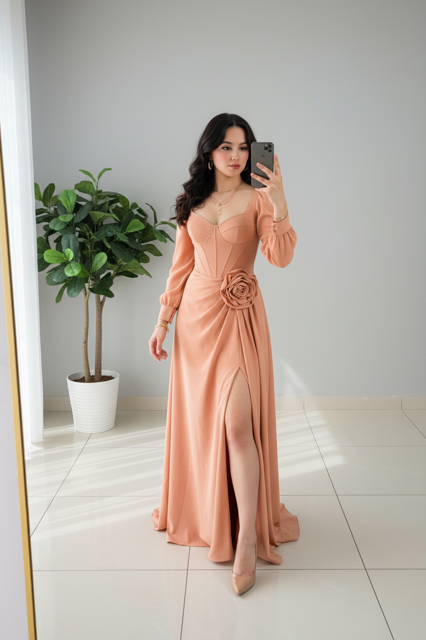 Vestido de Gala Durazno con Corsé Estructurado, Rosa 3D y Mangas Globo - A-Line Largo cod.366