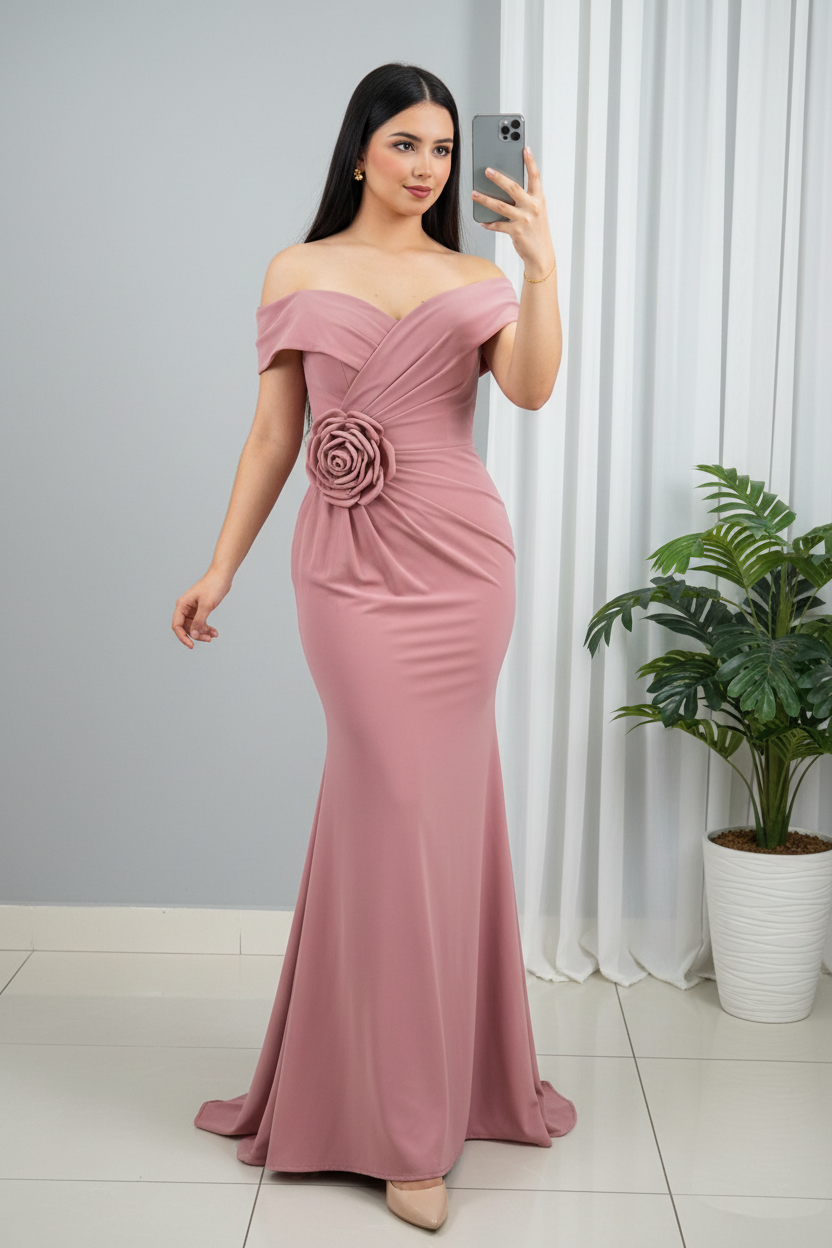 Vestido Off-Shoulder Rosa Palo con Rosa en Cintura cod.0062
