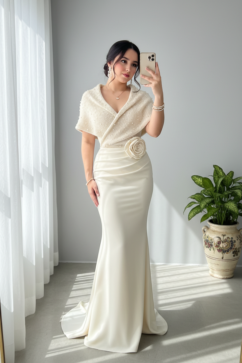 Vestido Sirena Marfil con Chalina de Perlas Exclusivo cod.799