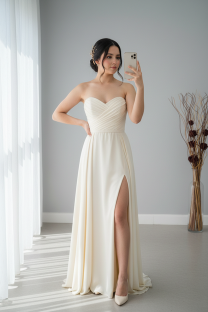 Vestido Ivory Strapless Escote Corazón con Gasa y Abertura cod.V282