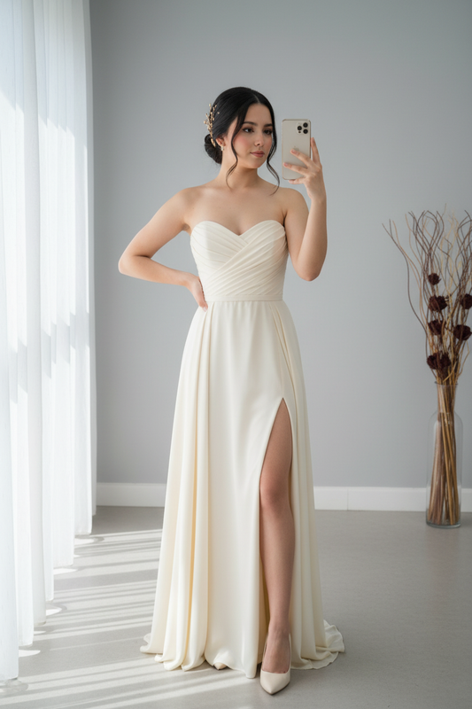 Vestido Ivory Strapless Escote Corazón con Gasa y Abertura cod.V282