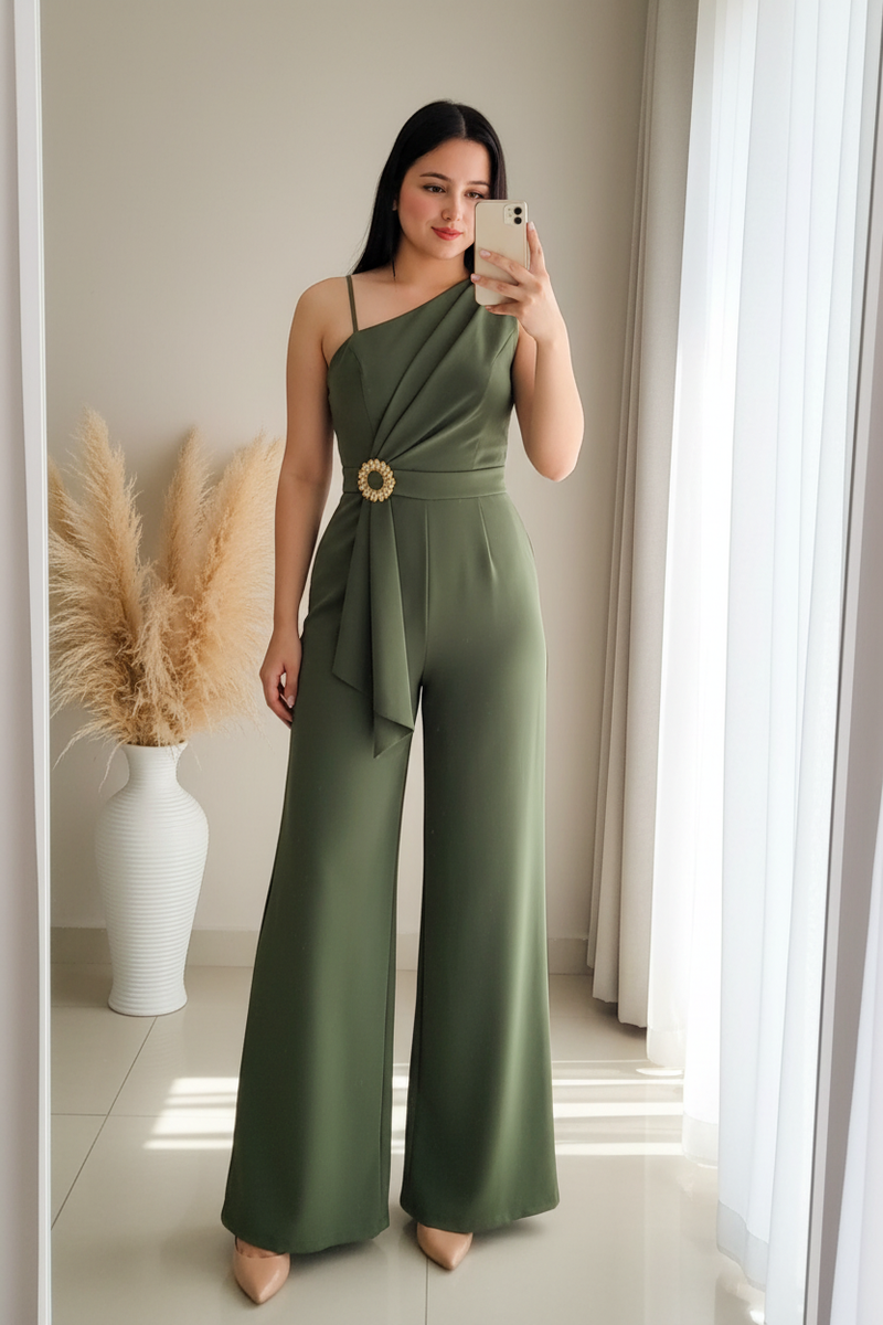 Enterizo Verde Olivo One-Shoulder Drapeado Broche Girasol Dorado Palazzo cod.00117