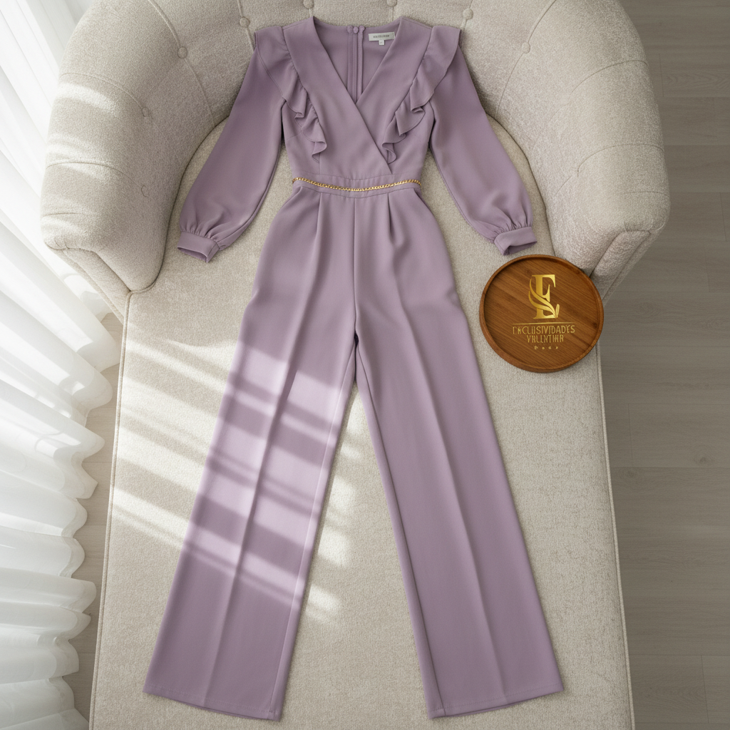 Enterizo Lila con Volantes, Escote V y Mangas Globo cod.397