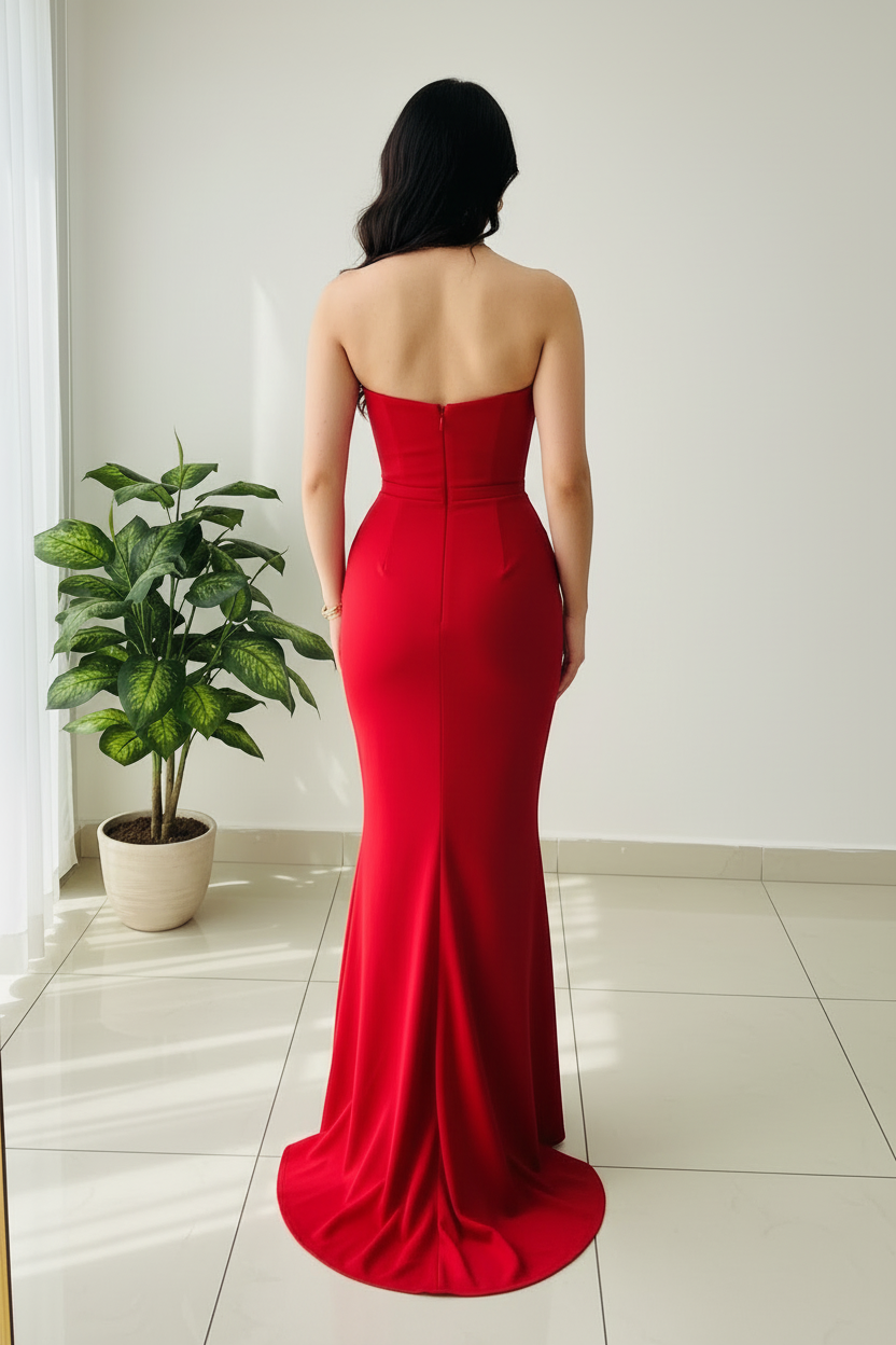 Vestido Sirena Rojo Strapless Sweetheart con Drapeado Diagonal y Cola cod.433