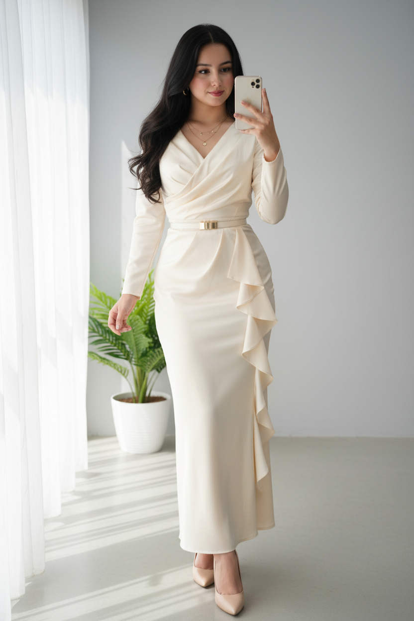 Vestido Ivory Ruffle – Gown Crema Manga Larga Escote V Cruzado con Volantes & Cinturón Dorado cod.690