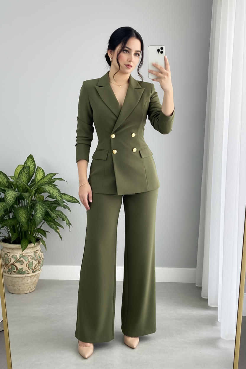 Conjunto Dos Piezas Verde Oliva — Blazer Doble Botonadura Dorada & Pantalón Palazzo cod.894