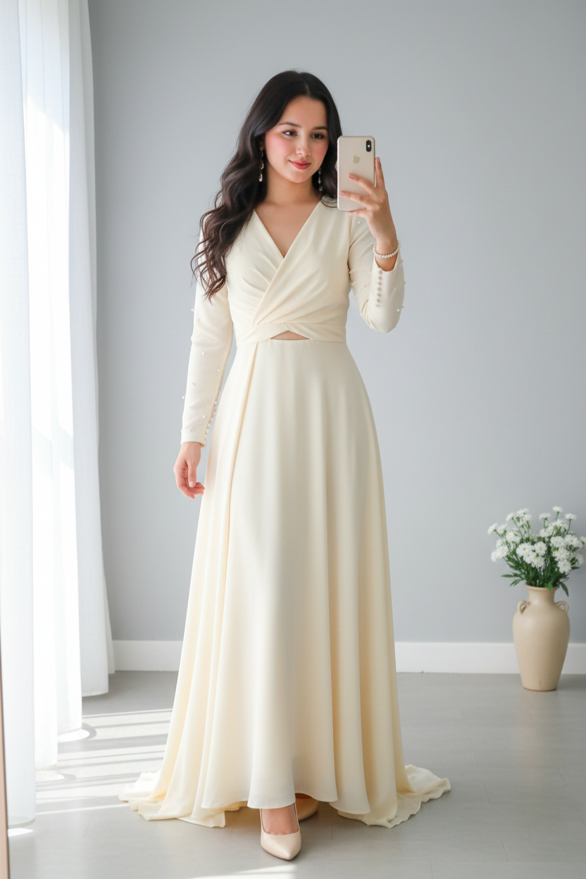 Vestido Novia Ivory Cruzado Escote V Mangas Largas y Falda A-Line cod.V0033